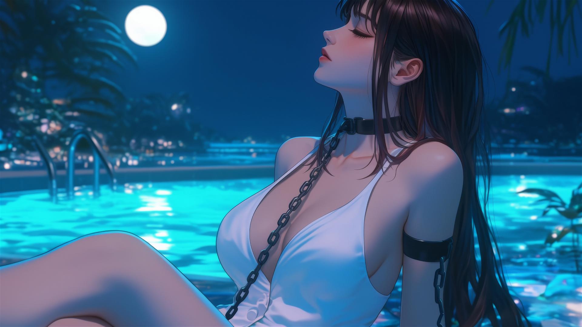 Makima from Chainsaw Man resting in tub with iron chains under moonlight