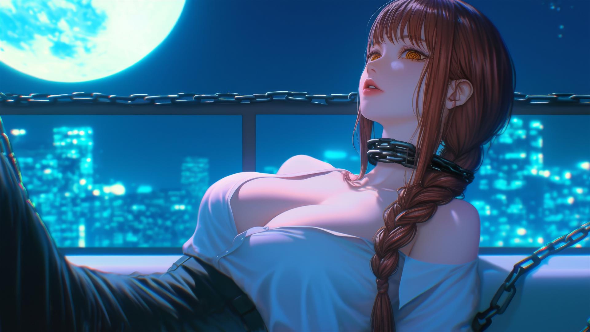 Makima from Chainsaw Man, neck locked with iron chains, resting in a tub in her apartment, illuminated by moonlight.