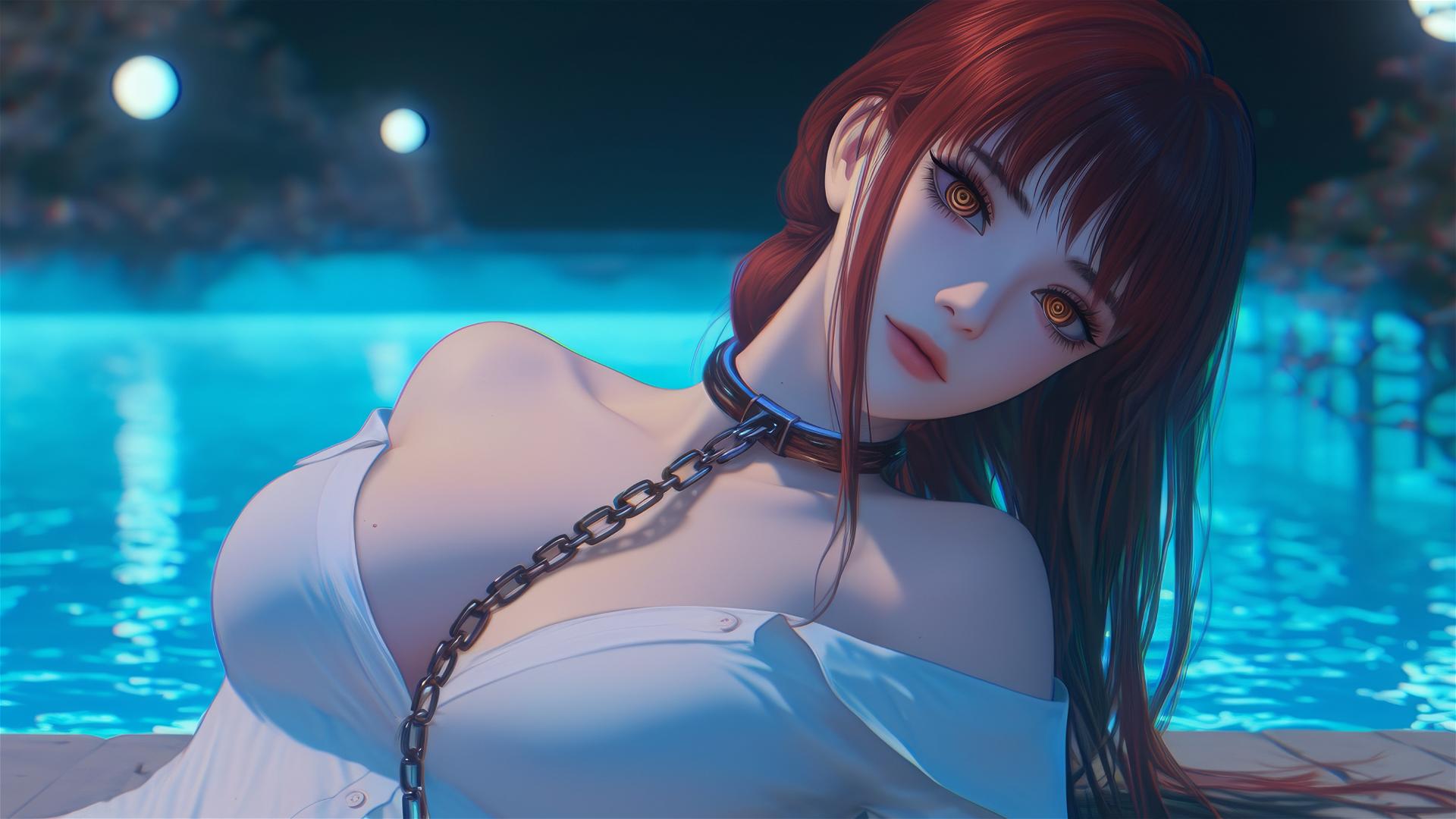 Makima from Chainsaw Man neck locked with thick iron chains in a modern hotel.