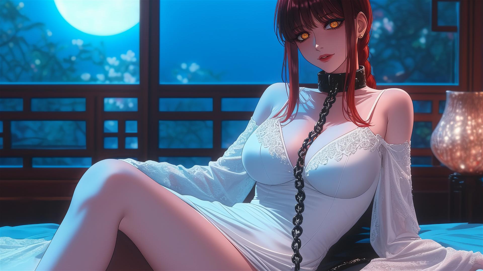 Makima from Chainsaw Man, neck locked with iron chains, resting in modern hotel room, moonlight glow