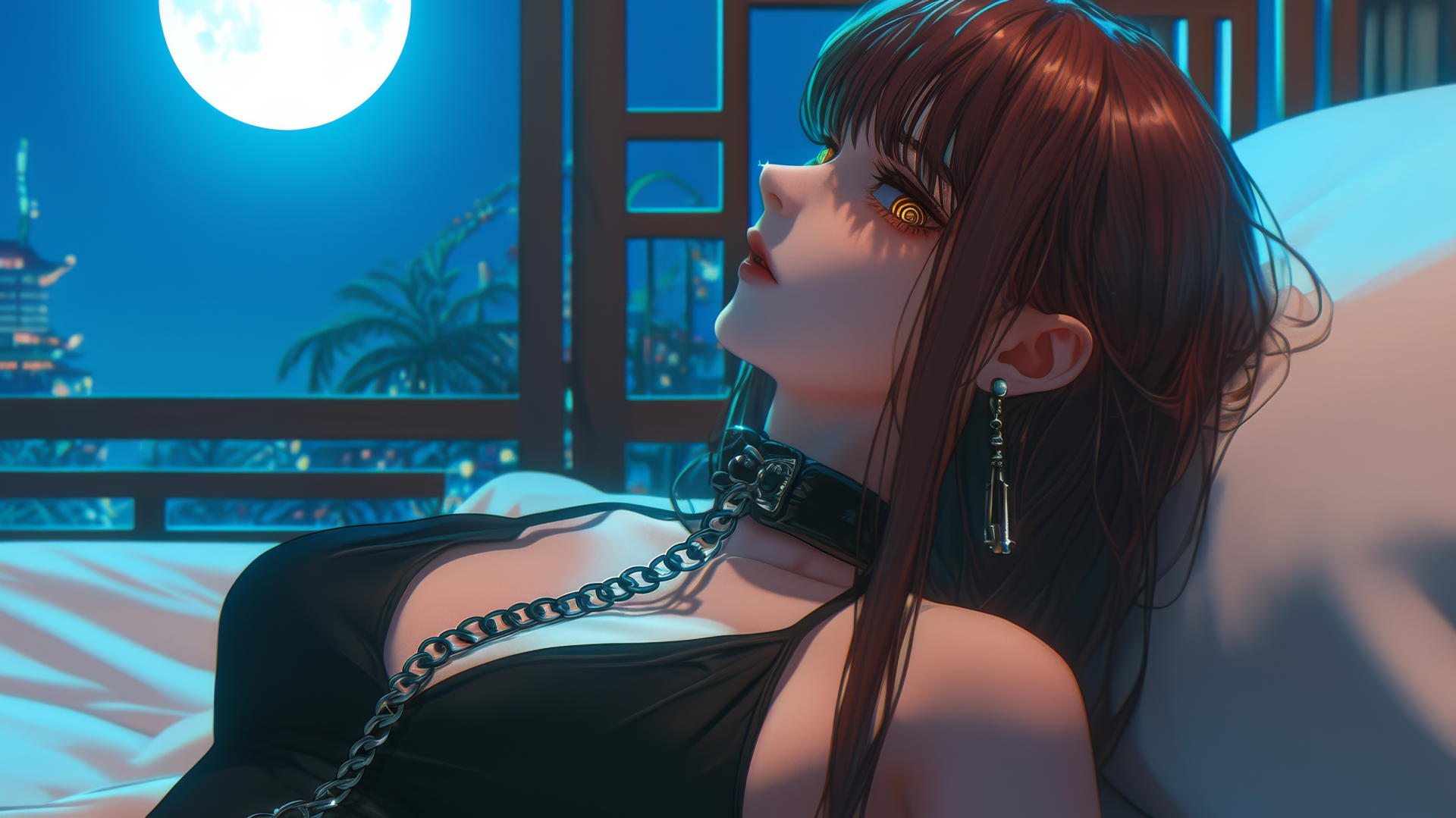 Makima from Chainsaw Man with neck locked in chains, resting in modern hotel room, moonlit glow.