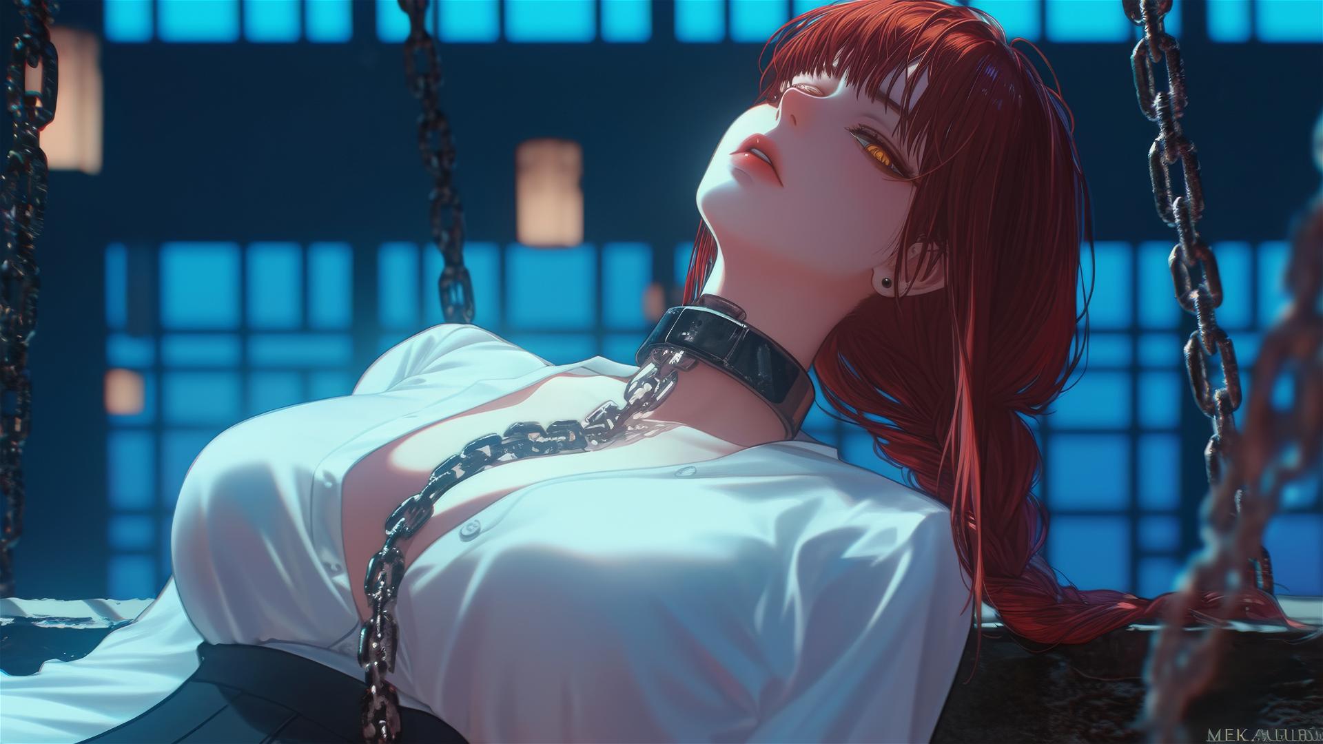 Makima from Chainsaw Man resting in chains in a hotel room under moonlight