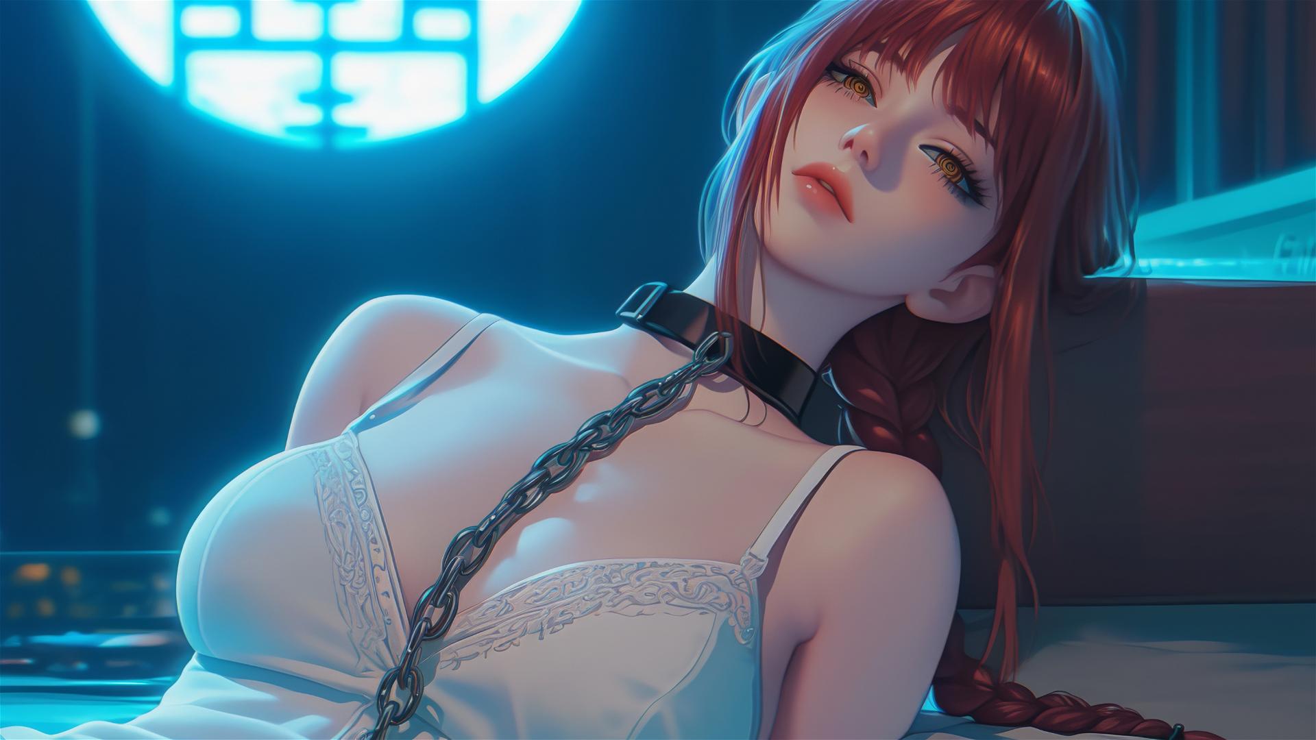 Makima from Chainsaw Man, neck locked with thick iron chains, lounging in modern hotel room under moonlight.