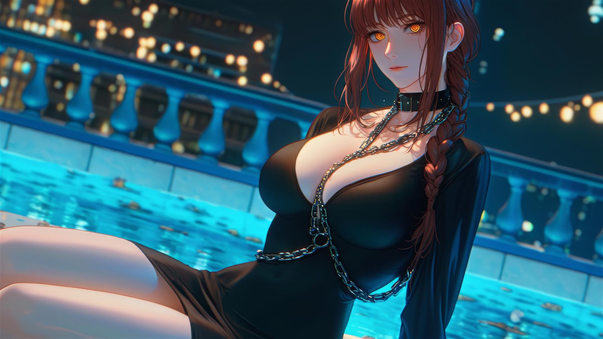 Makima from Chainsaw Man, chained, resting in a modern hotel room with moonlight glow.
