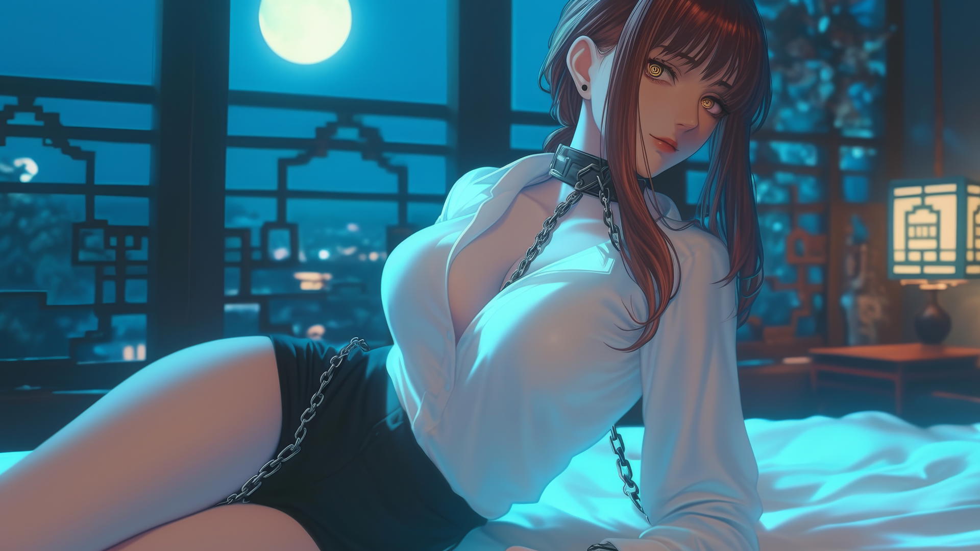 Makima from Chainsaw Man, neck locked with thick iron chains, lounging in a moonlit modern hotel room
