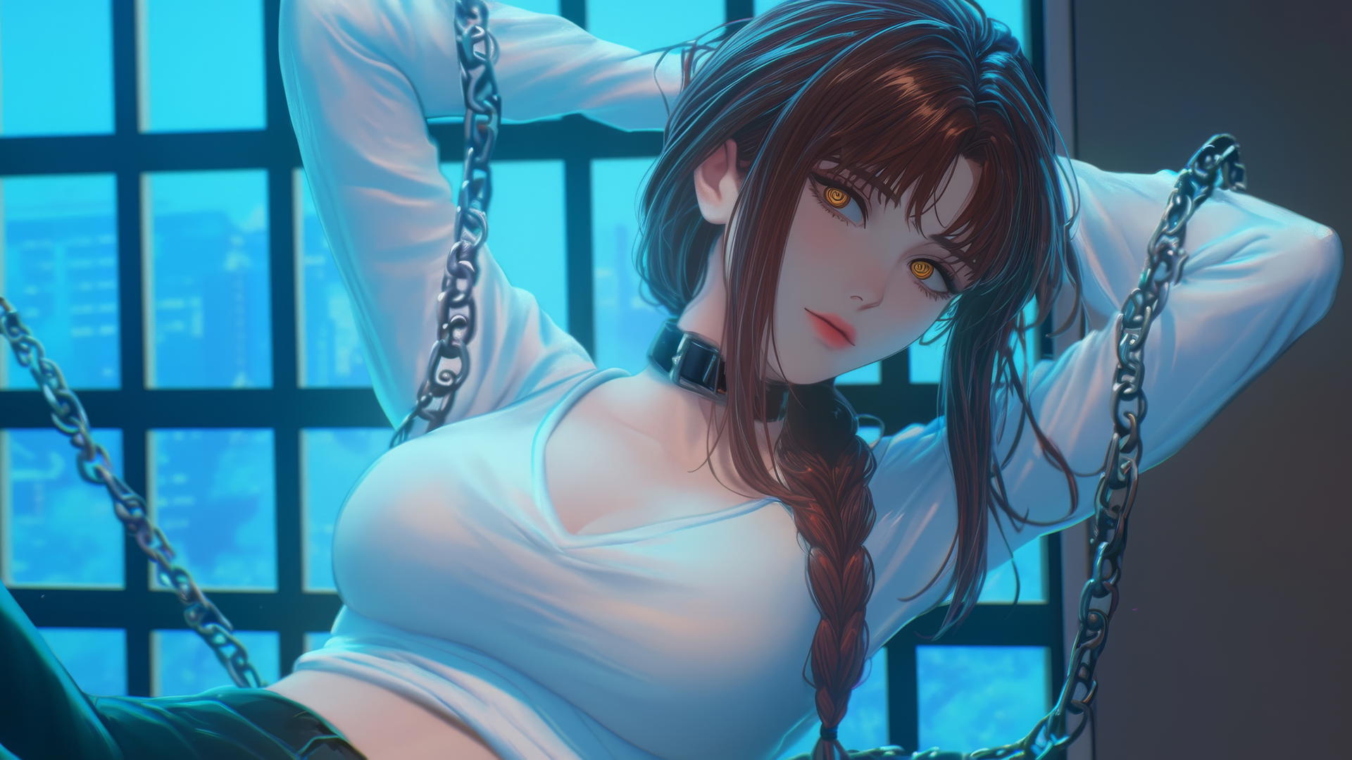 Makima from Chainsaw Man, chained, resting in modern hotel under moonlight