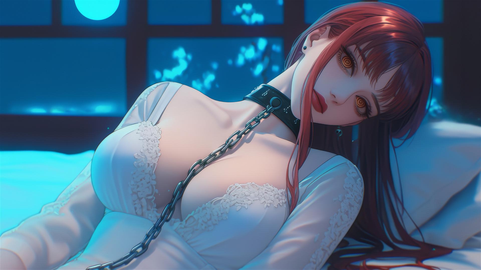 Makima from Chainsaw Man chained in a modern hotel room, illuminated by moonlight.