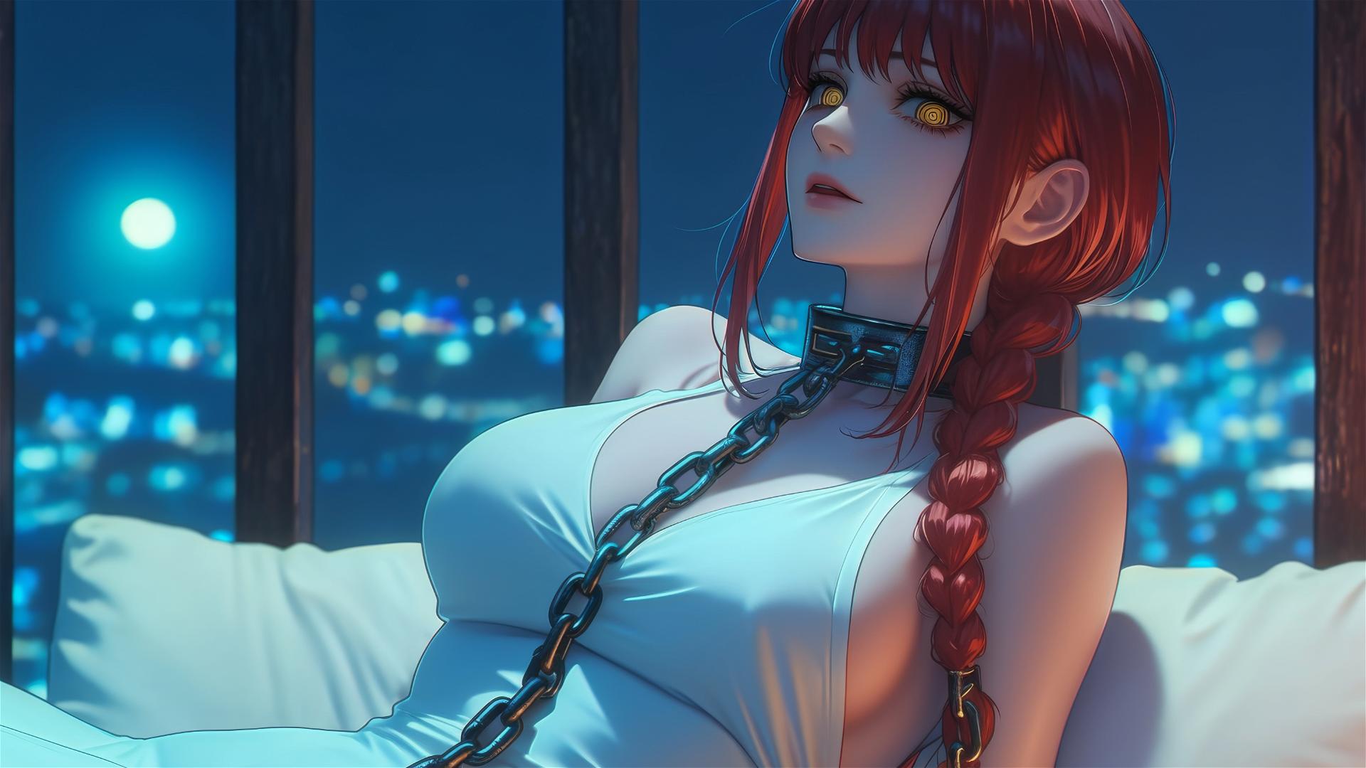 Makima resting with chains in a moonlit hotel room