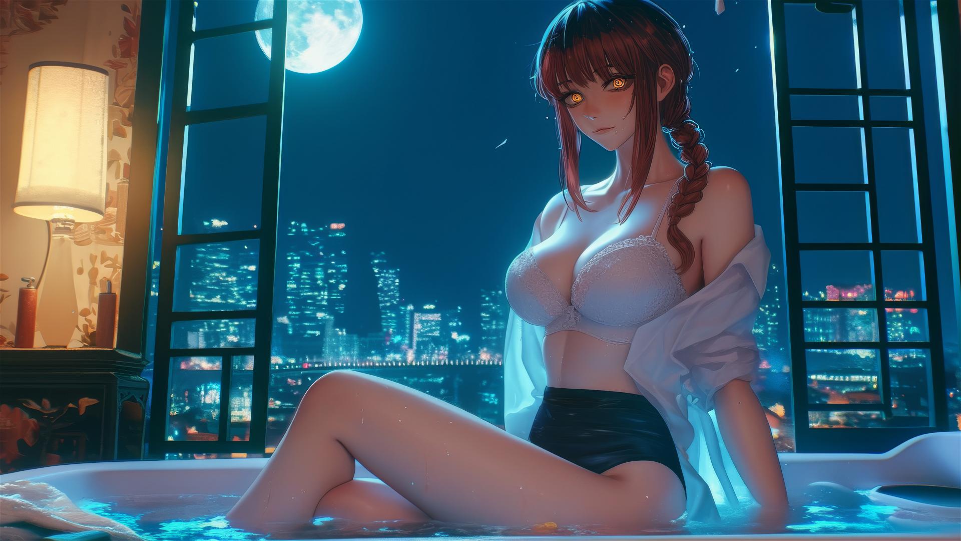 Makima from Chainsaw Man jumping out of a tub in her apartment under soft moonlight.