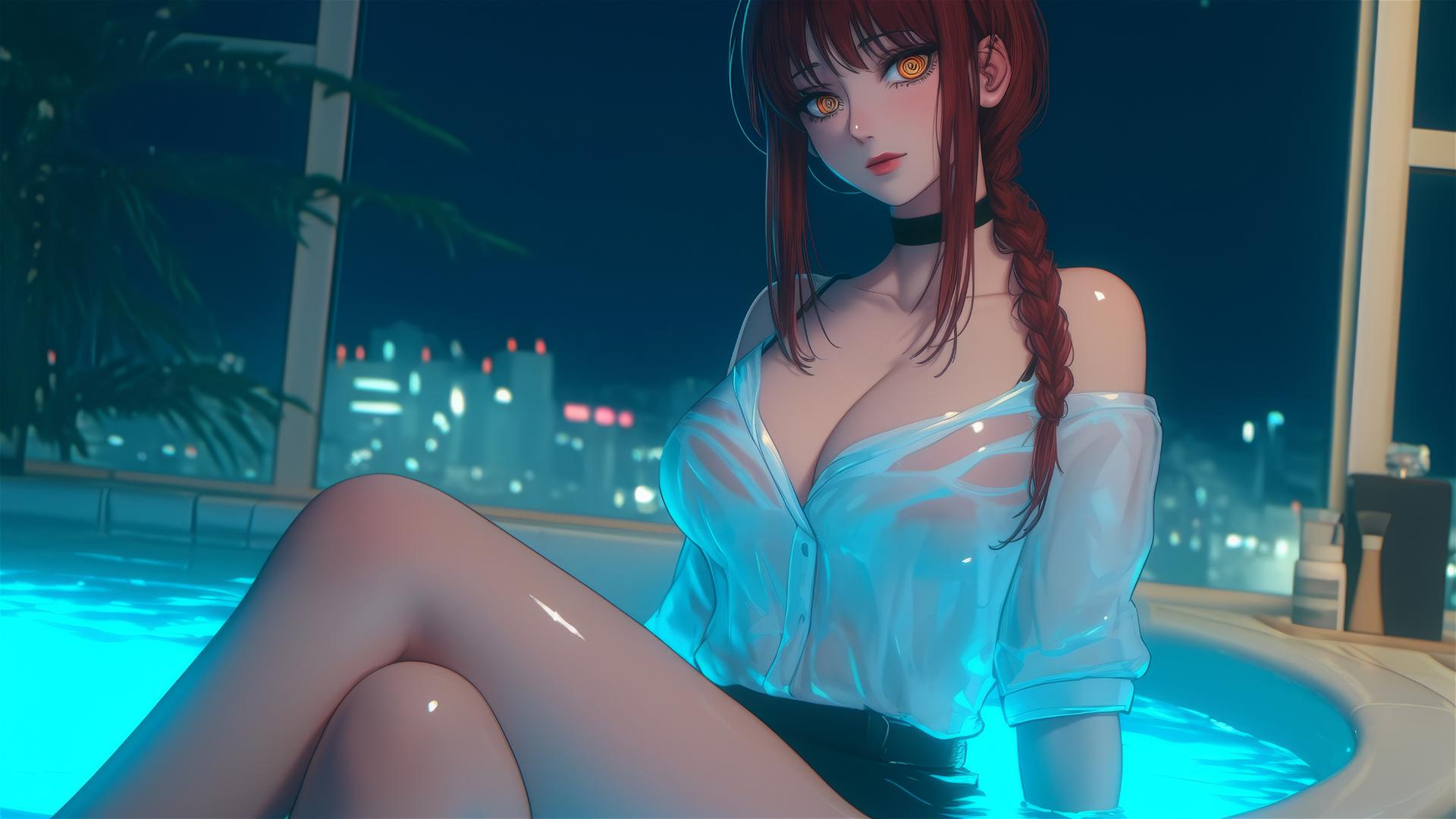Makima from Chainsaw Man in a bathtub with moonlight casting a glow