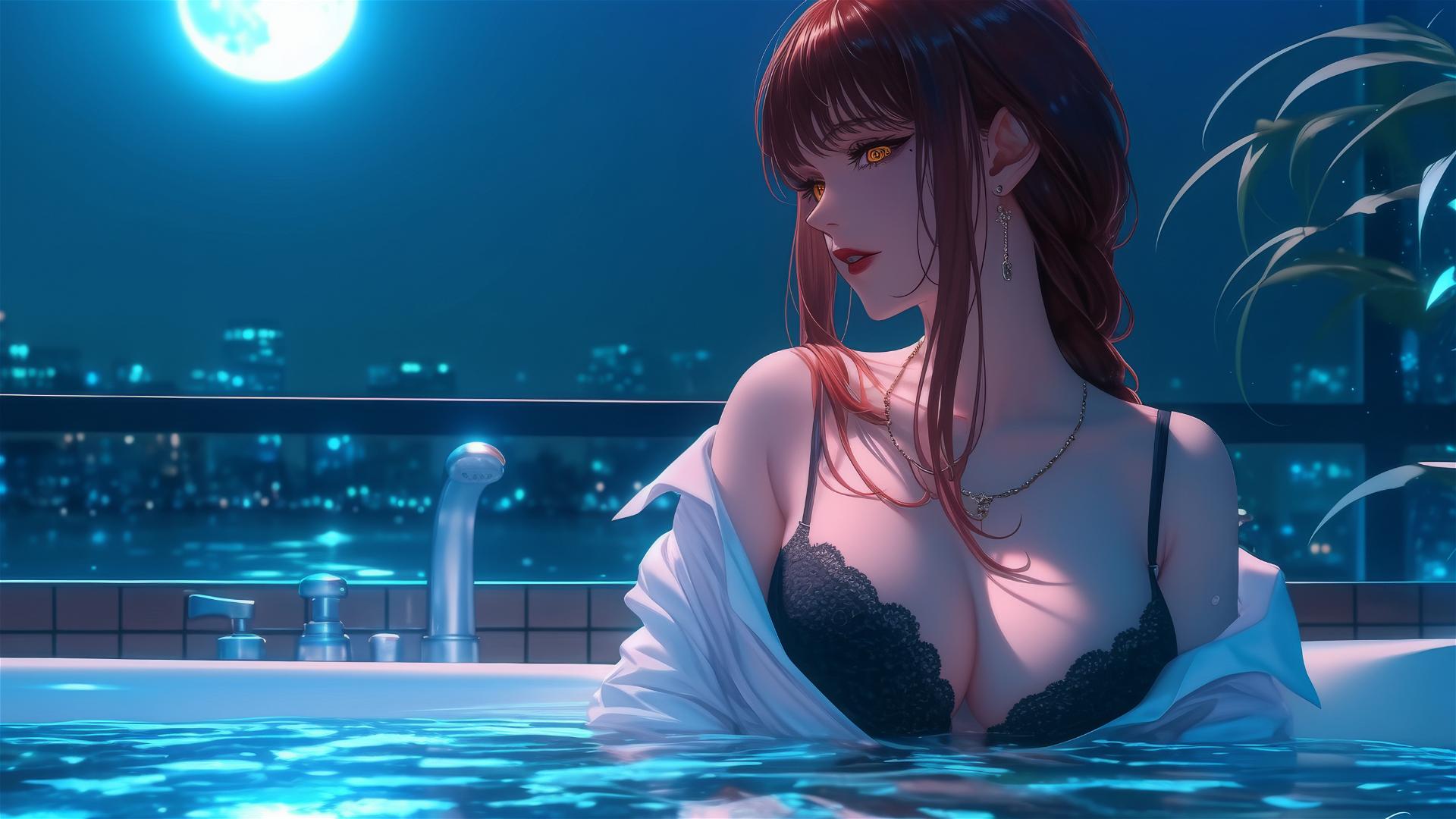 Makima from Chainsaw Man in a tub, bathed in moonlight, in an ambiguous posture.