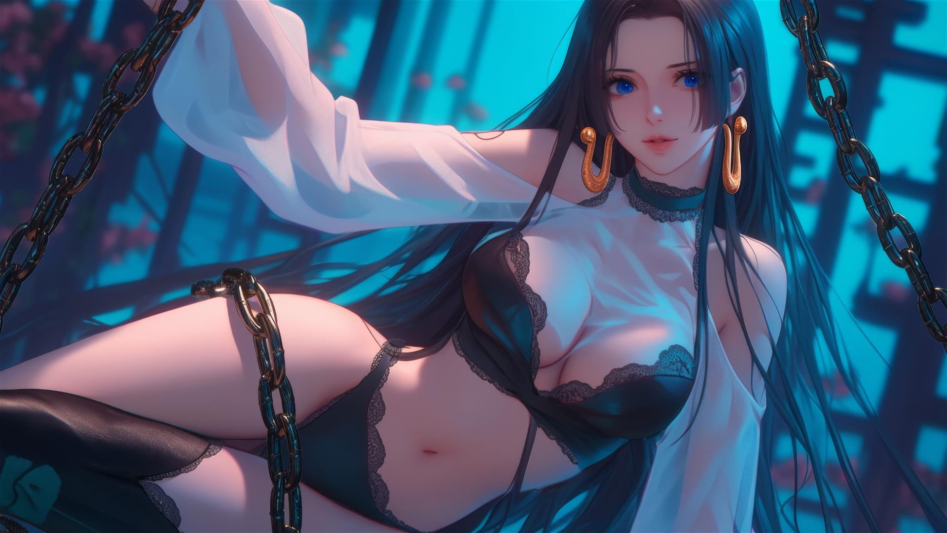 Boa Hancock from One Piece in a modern hotel room with neon lights and chains