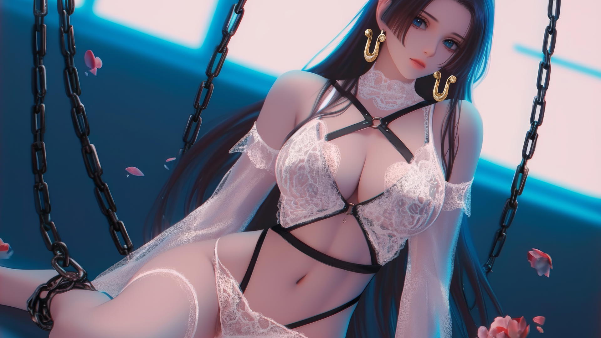 Boa Hancock from One Piece in chains in a neon-lit hotel room