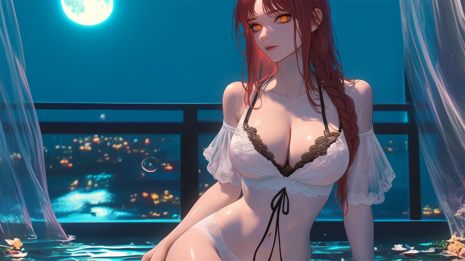 Makima from Chainsaw Man in a bathtub with moonlight softly glowing on her