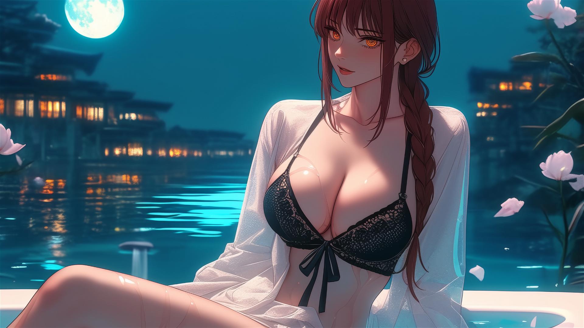 Makima in a bathtub under moonlight, exuding excitement and beauty