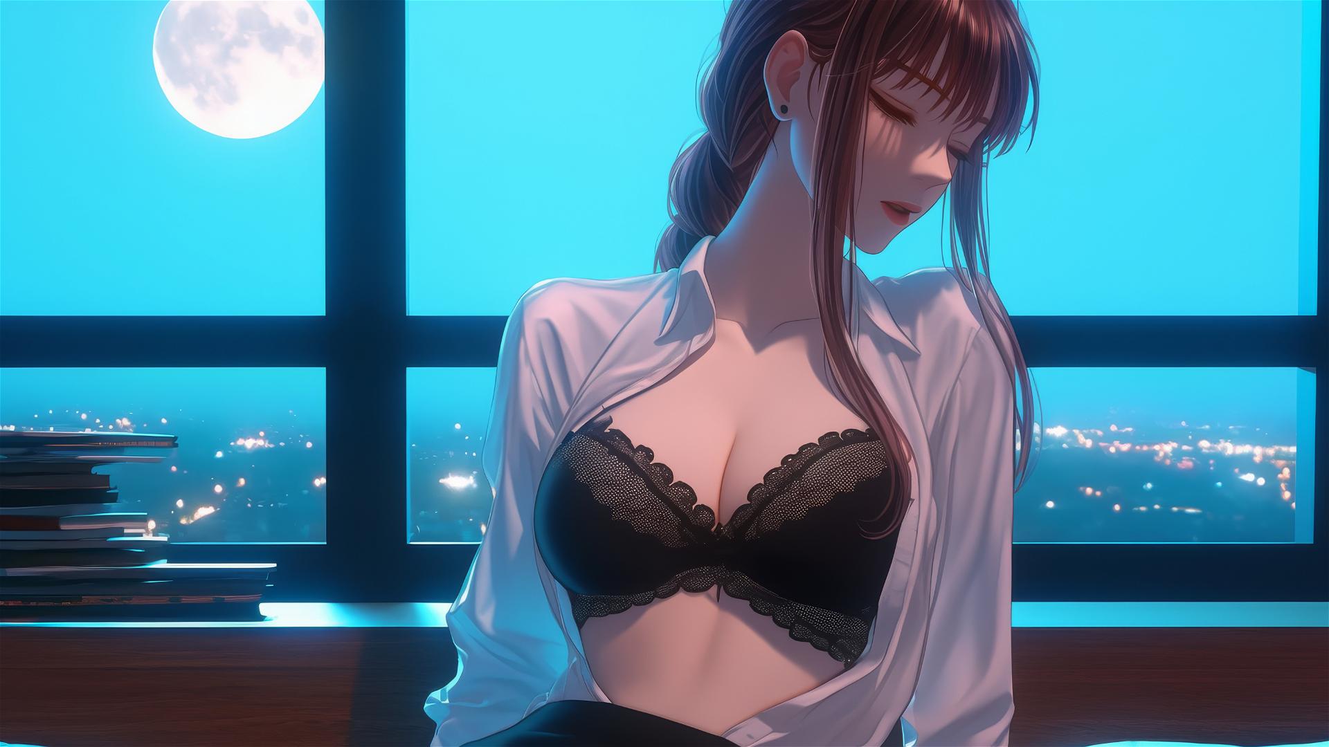Makima from Chainsaw Man in a modern office room, bathed in moonlight.