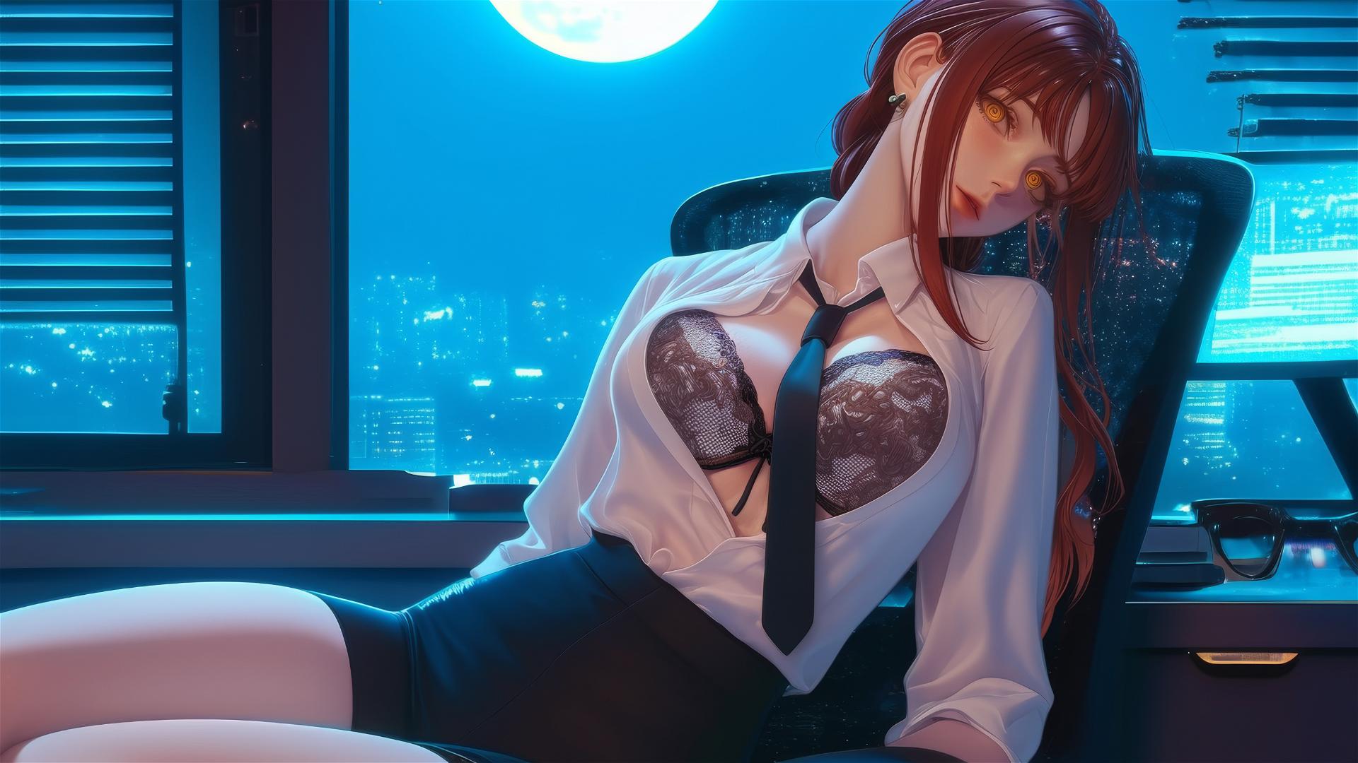 Makima from Chainsaw Man resting in a modern office with reddish hair and moonlight