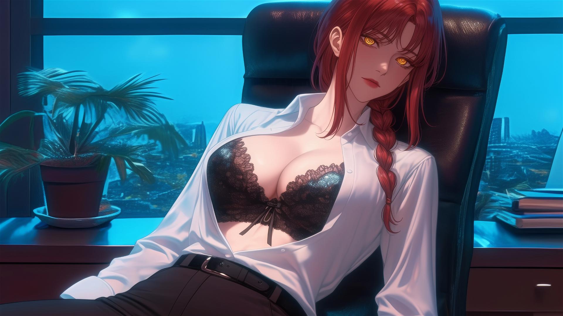 Makima from Chainsaw Man resting in an office under moonlight