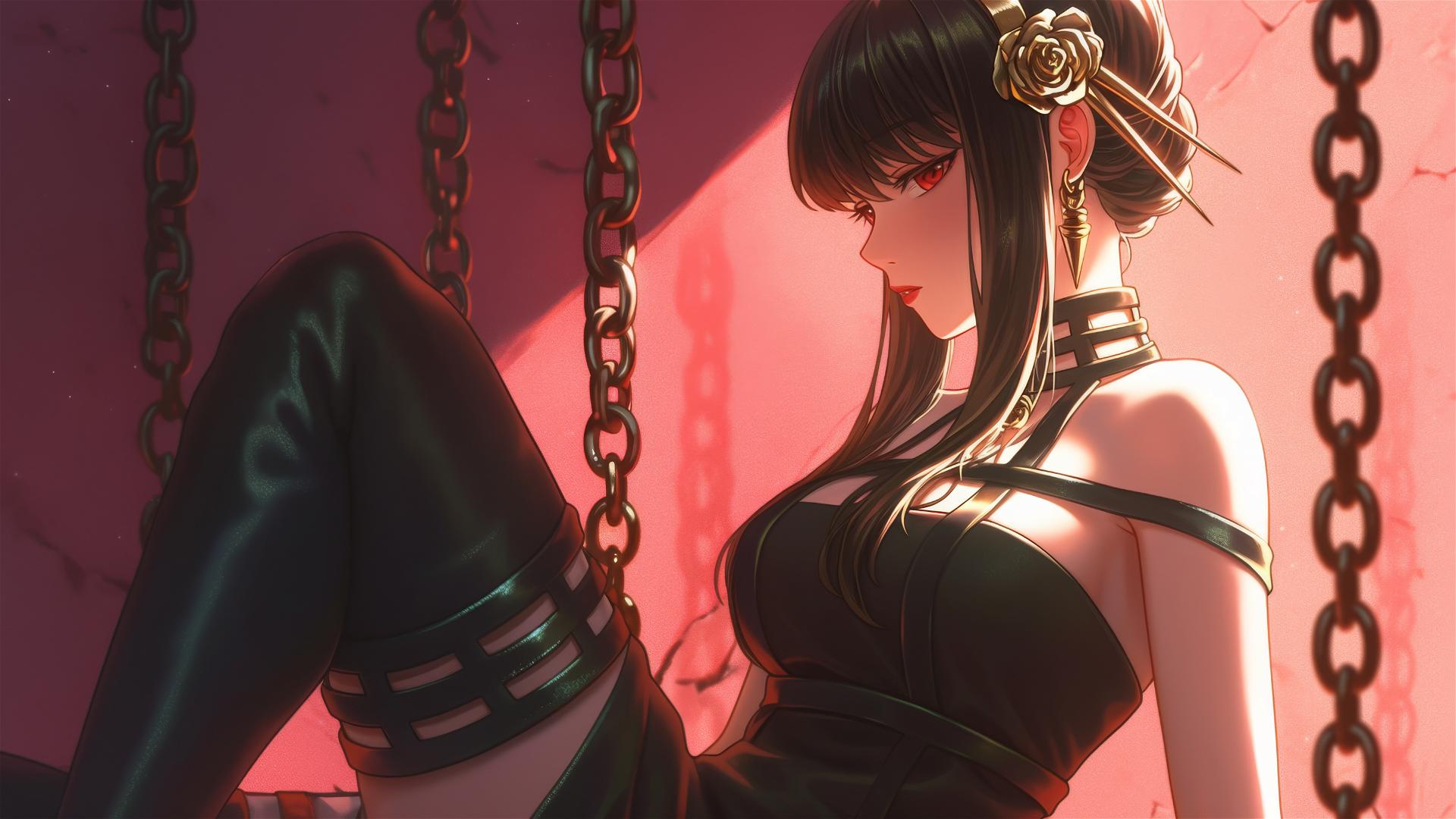 Yor Forger from Spy x Family in iron chains, neon light glow, pink background