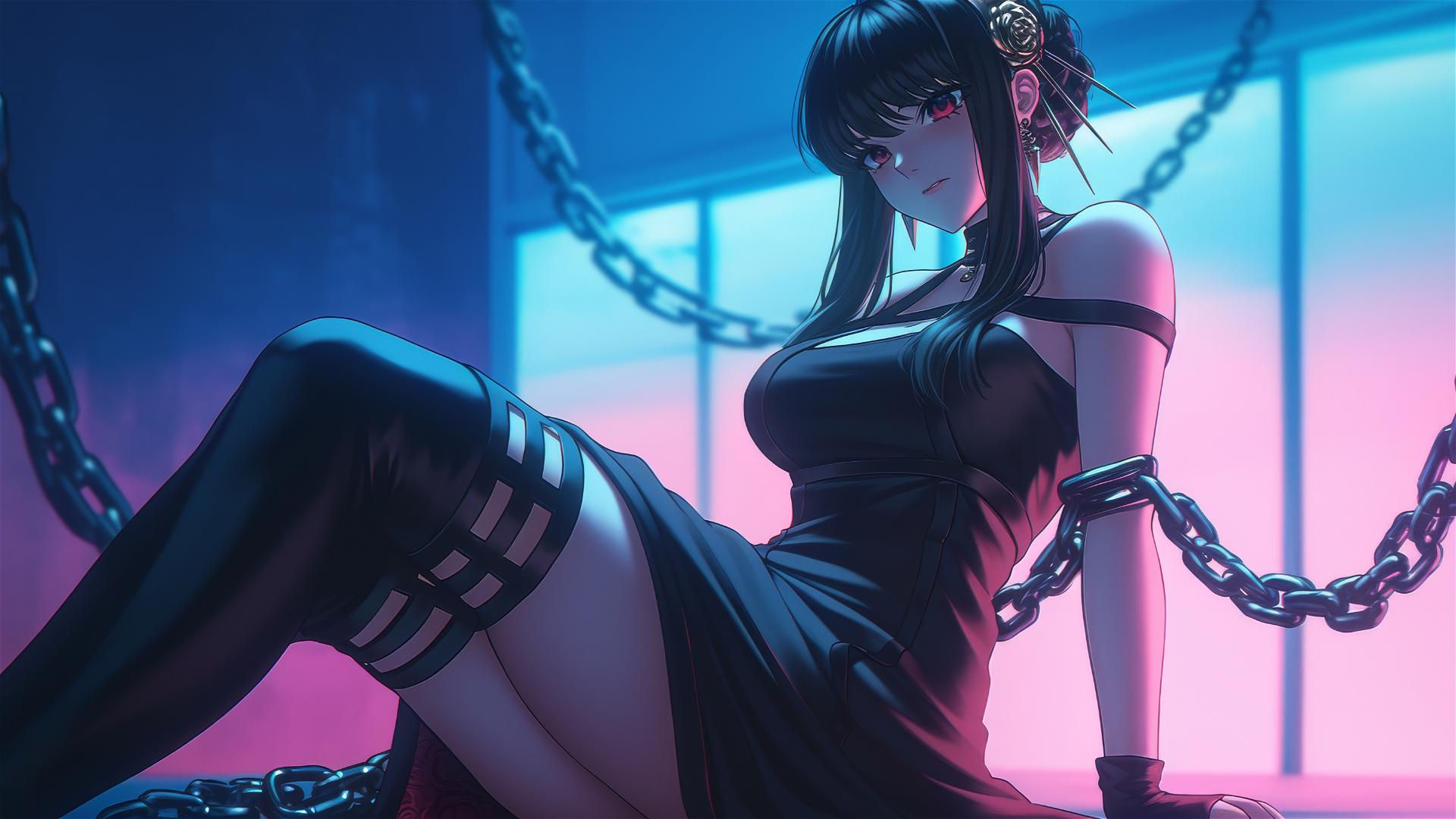Yor Forger from Spy x Family chained in a neon-lit modern hotel room