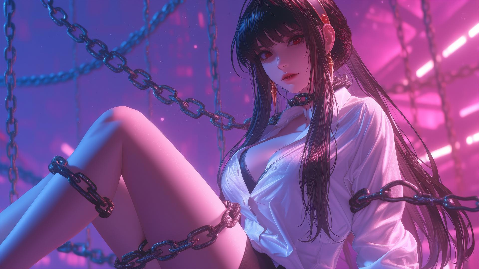 Yor Forger chained in a modern hotel room with neon pink light