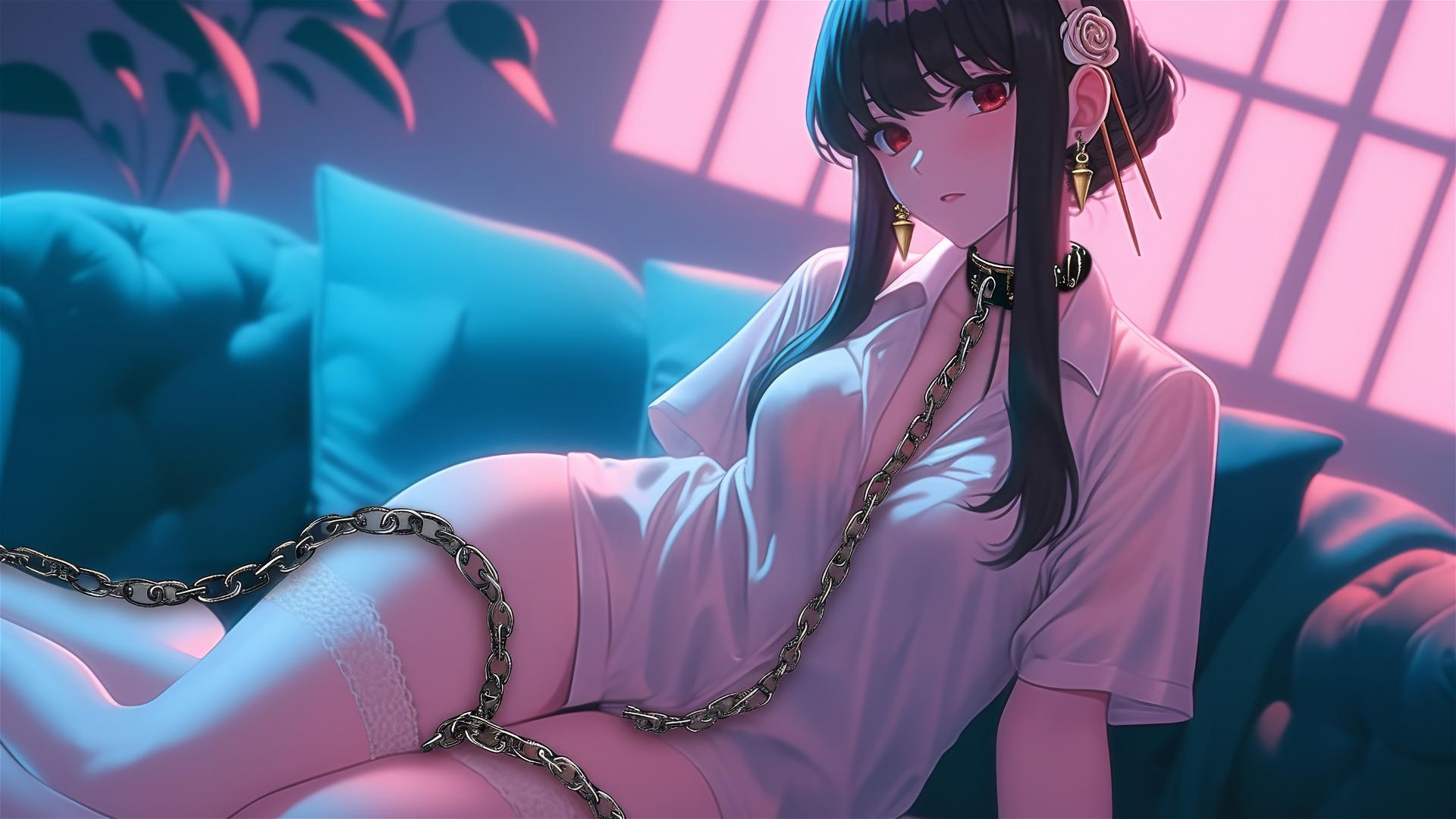 Yor Forger from Spy x Family, chained in a modern hotel room with neon lights.