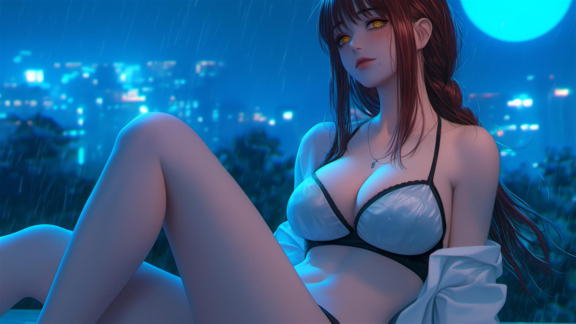 Makima from Chainsaw Man resting on a rainy rooftop under moonlight