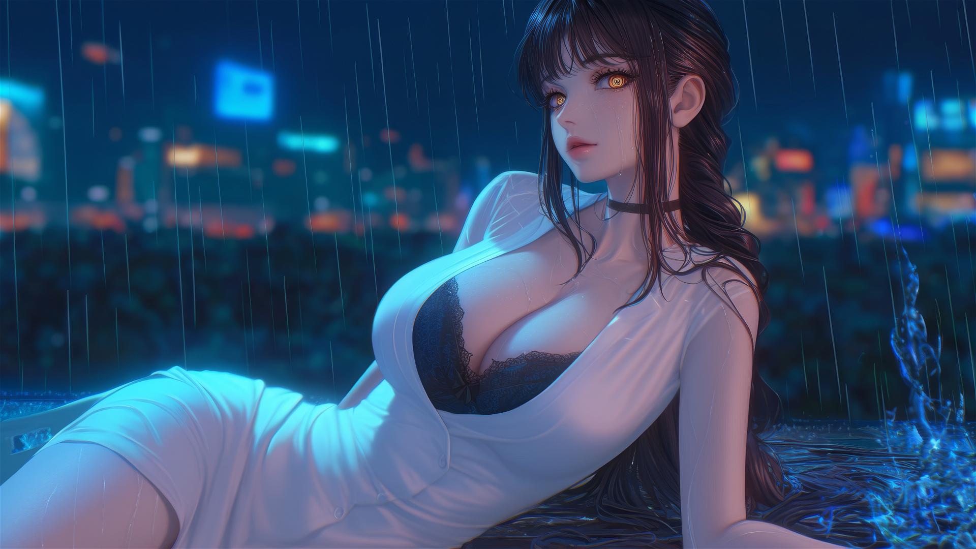 Makima from Chainsaw Man resting on a rainy rooftop under moonlight