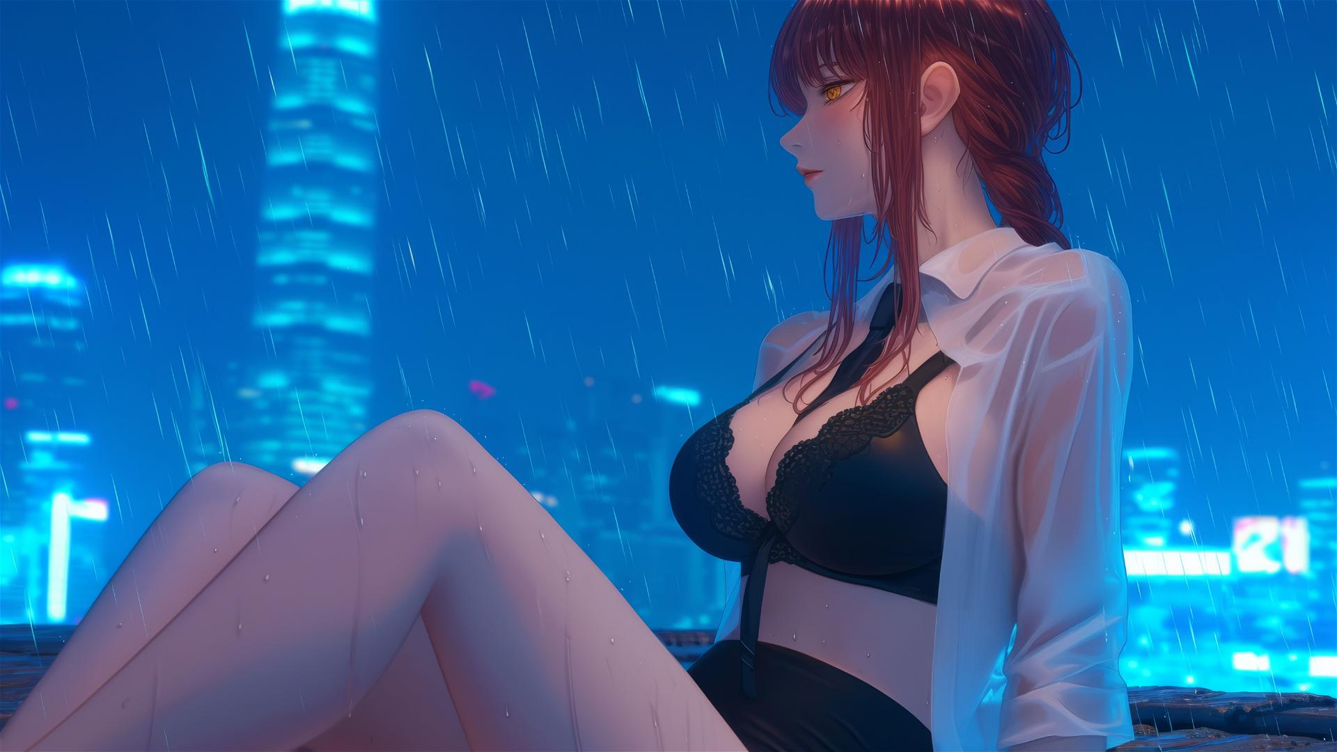 Makima from Chainsaw Man resting on a rainy rooftop in moonlight