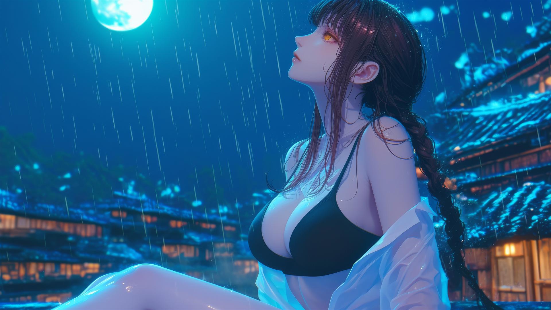 Makima from Chainsaw Man resting on a rainy rooftop under moonlight.