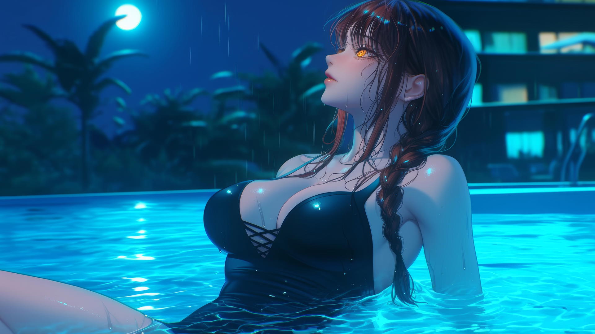 Makima from Chainsaw Man resting by a rainy swimming pool with moonlight glow