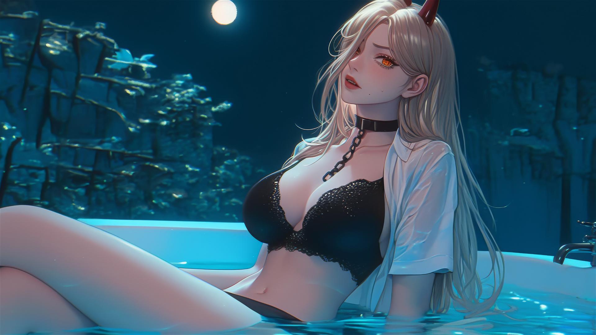 Power from Chainsaw Man, chained, resting in a tub, moonlight glow.