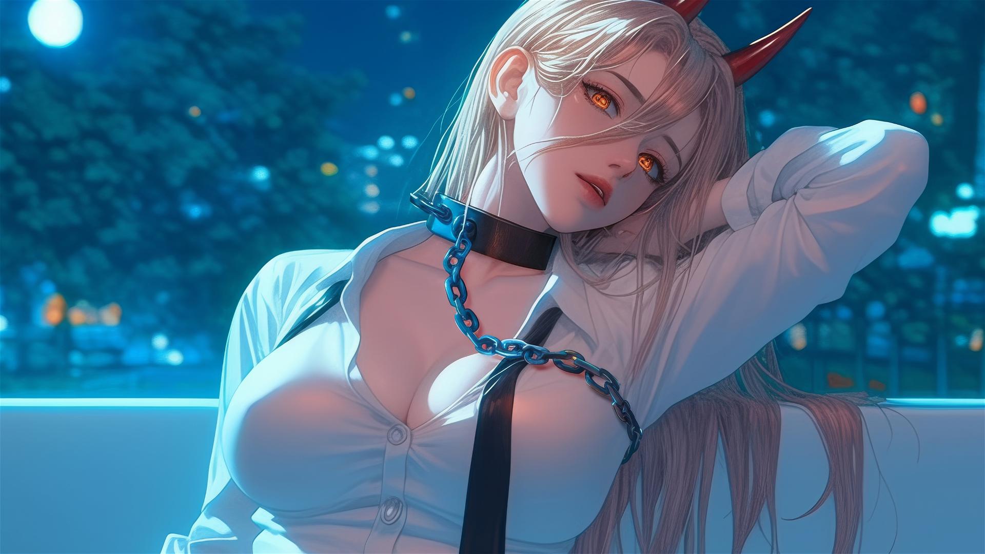 Power from Chainsaw Man, blonde hair, red horns, yellow eyes, in a tub with iron chains, moonlit glow.