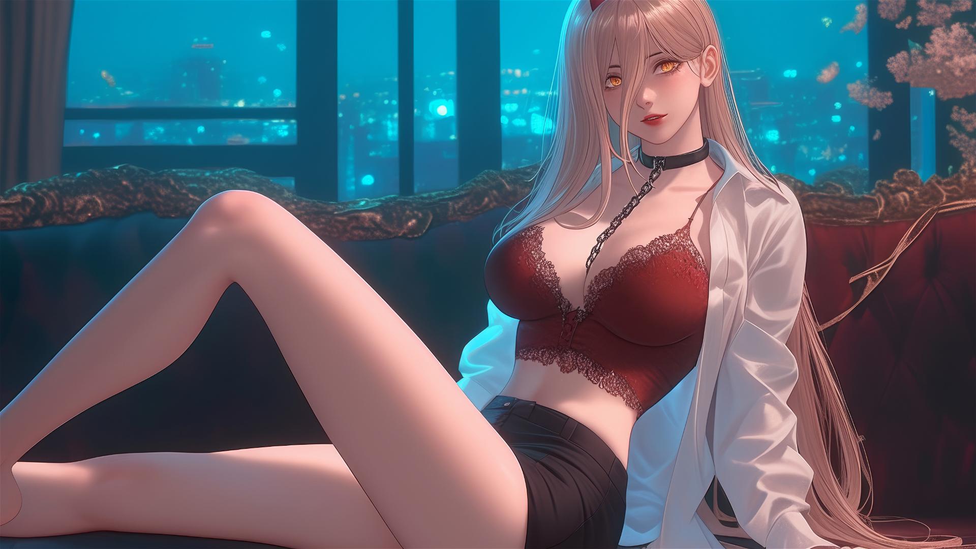 Power from Chainsaw Man, locked with chains in a modern hotel room, moonlit.