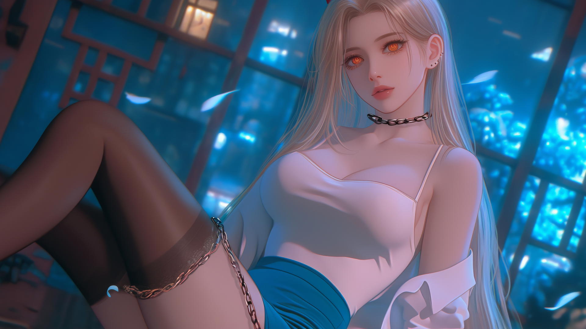 Power from Chainsaw Man with iron chains in a modern hotel room, blonde hair, yellow eyes