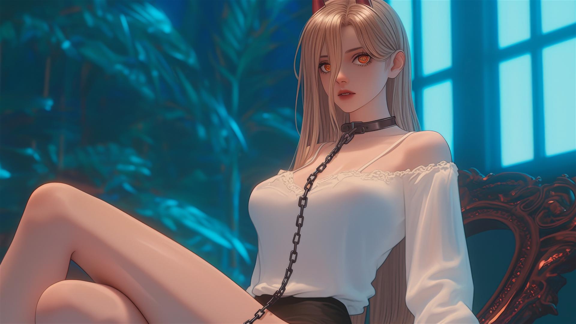 Power from Chainsaw Man in a modern hotel room, neck locked with iron chains, blonde hair, red horns, and yellow eyes