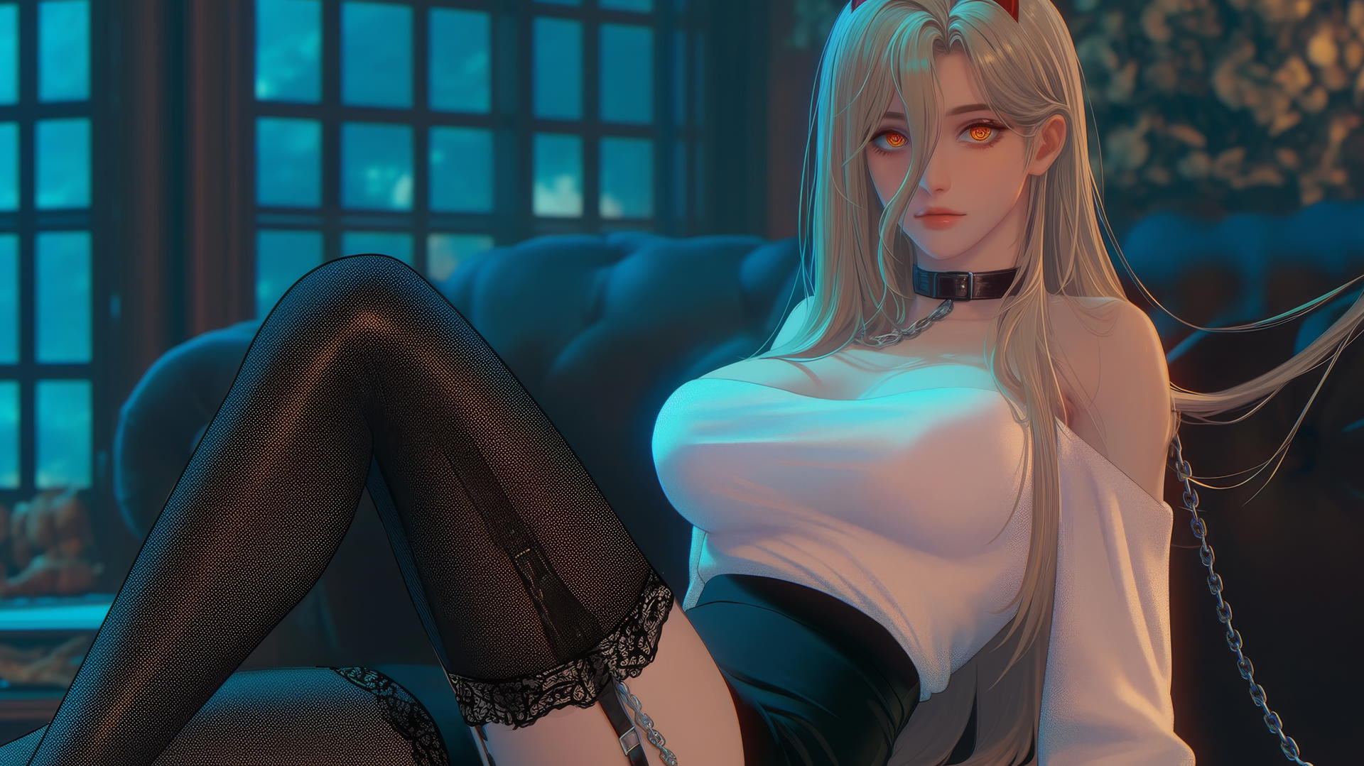 Blonde character with light red horns in chains in a modern hotel room
