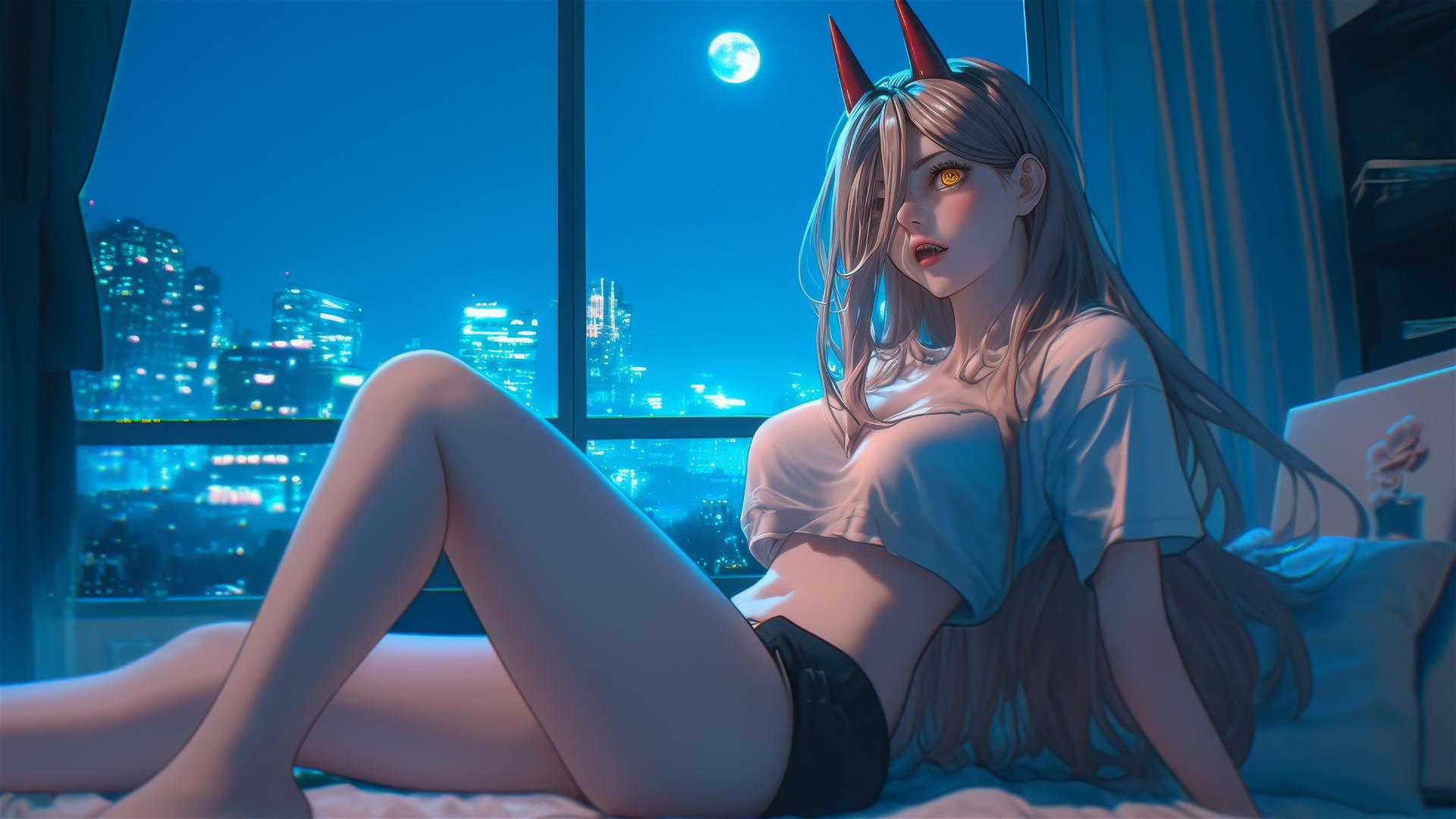 Power from Chainsaw Man, jumping from a bathtub with blonde hair, light red horns, and yellow eyes in moonlight.