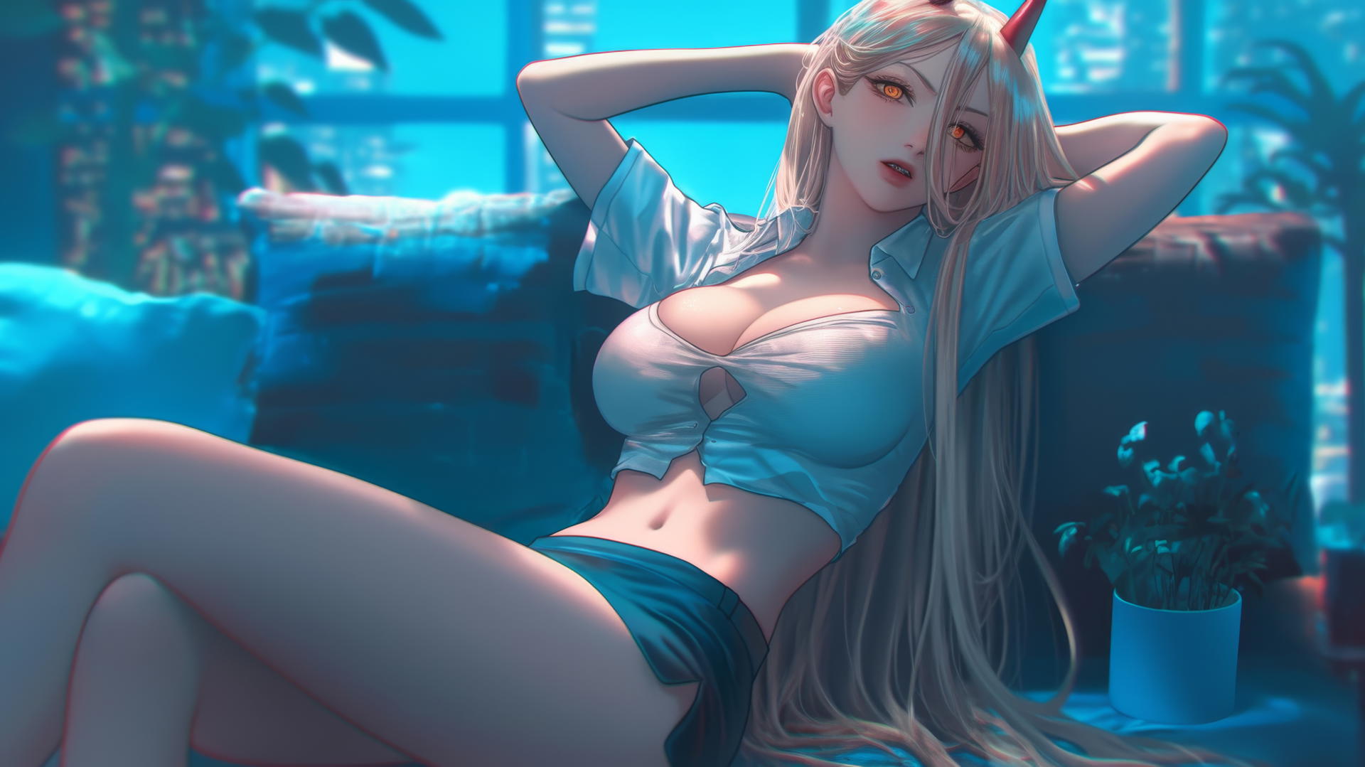 Power from Chainsaw Man resting in a modern hotel room with moonlight glow, blonde hair, light red horns, and yellow eyes.