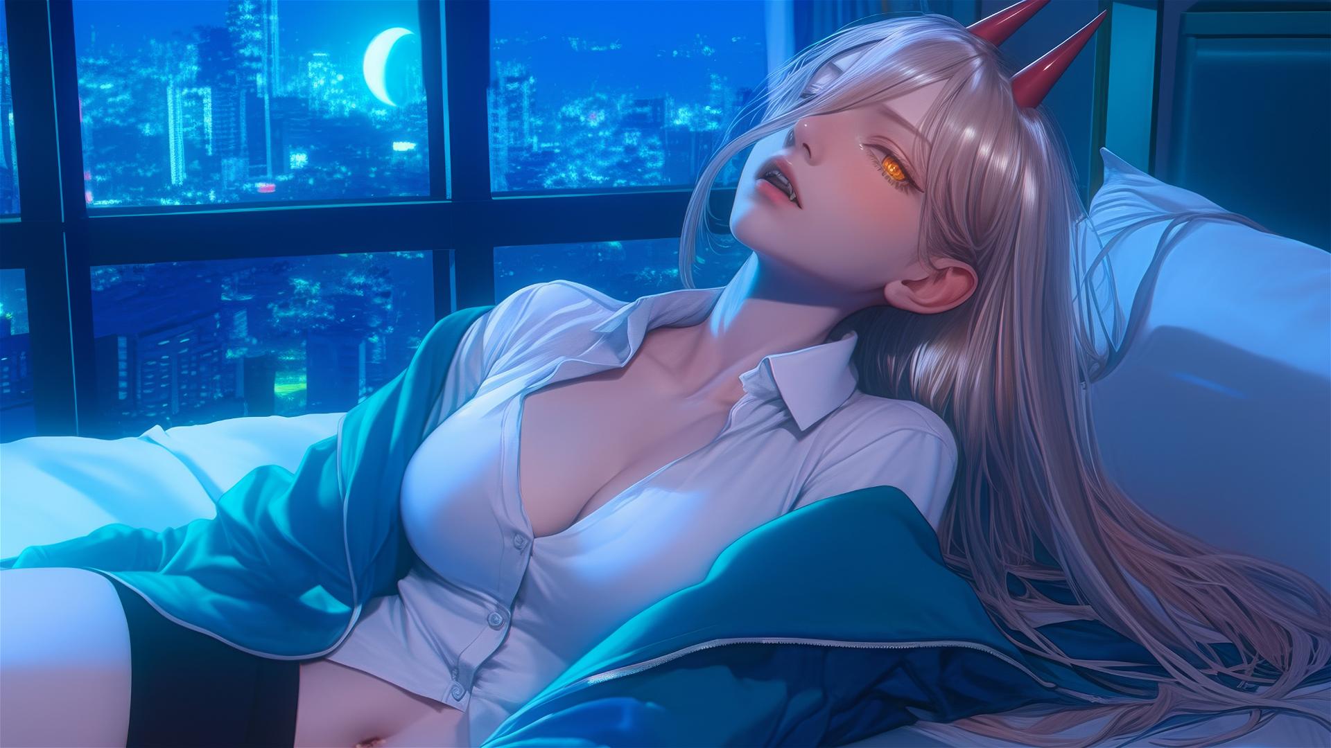 Power from Chainsaw Man resting in a modern hotel room, with blonde hair, light red horns, and yellow eyes, illuminated by moonlight.