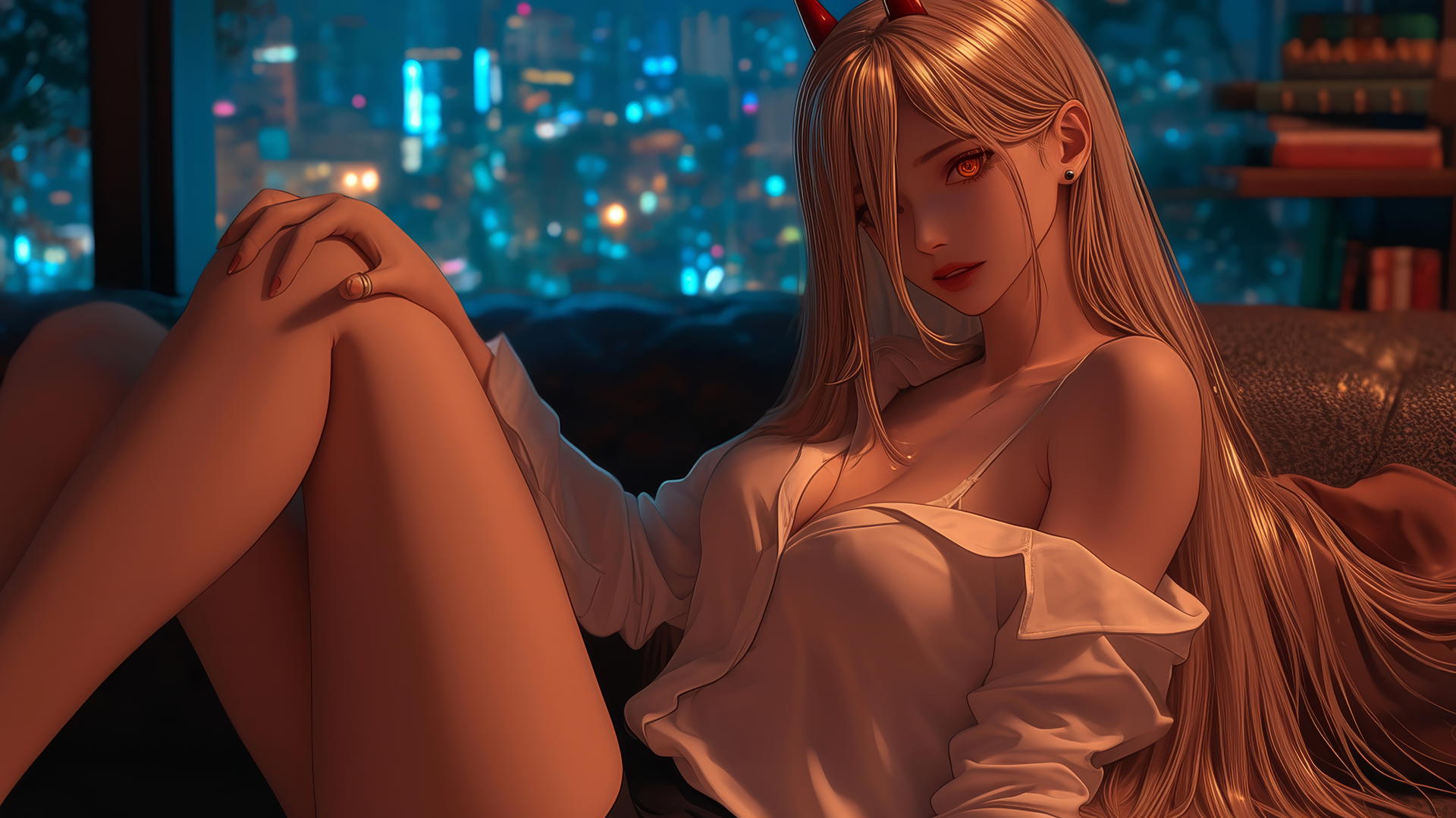 Power from Chainsaw Man, resting in a modern hotel room, with blonde hair, red horns, and yellow eyes under moonlight.