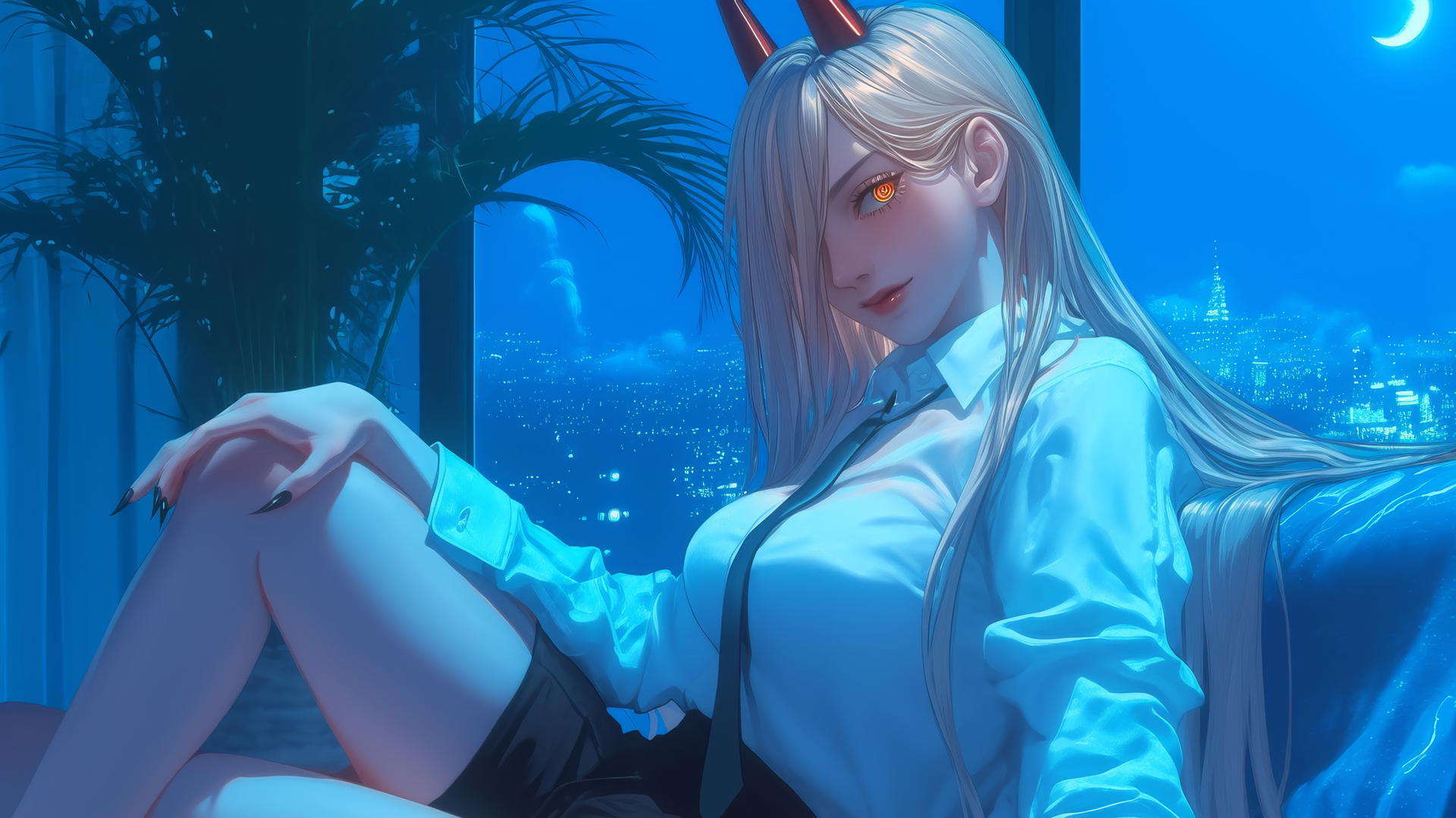 Power from Chainsaw Man, relaxing in a modern hotel room with moonlight glow