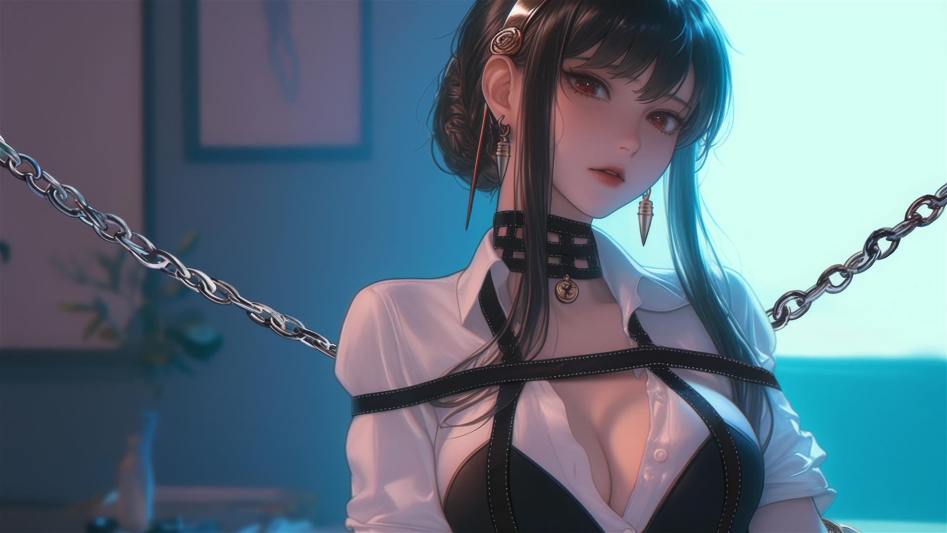 Yor Forger in white shirt, locked by iron chains, in neon-lit hotel room.