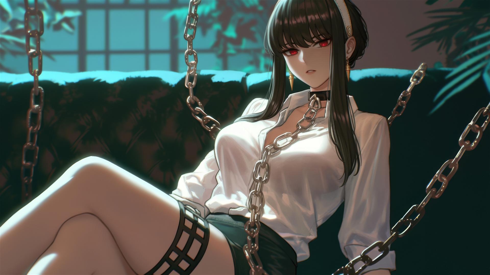 Yor Forger chained in modern hotel room with neon light