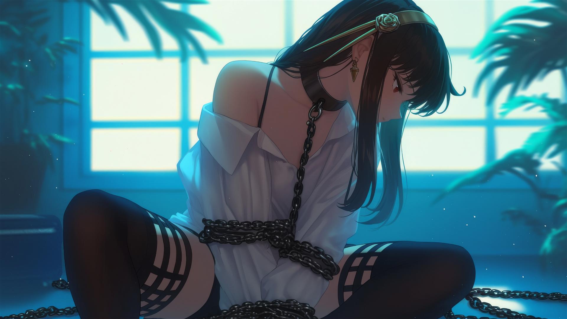 Yor Forger from Spy x Family chained in a modern hotel room with neon light glow