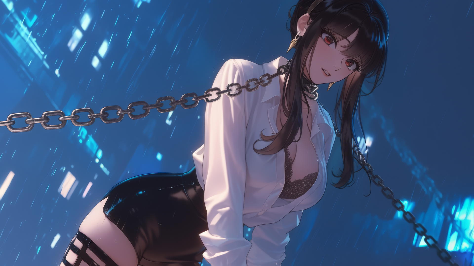 Yor Forger from Spy x Family chained in a neon-lit hotel room