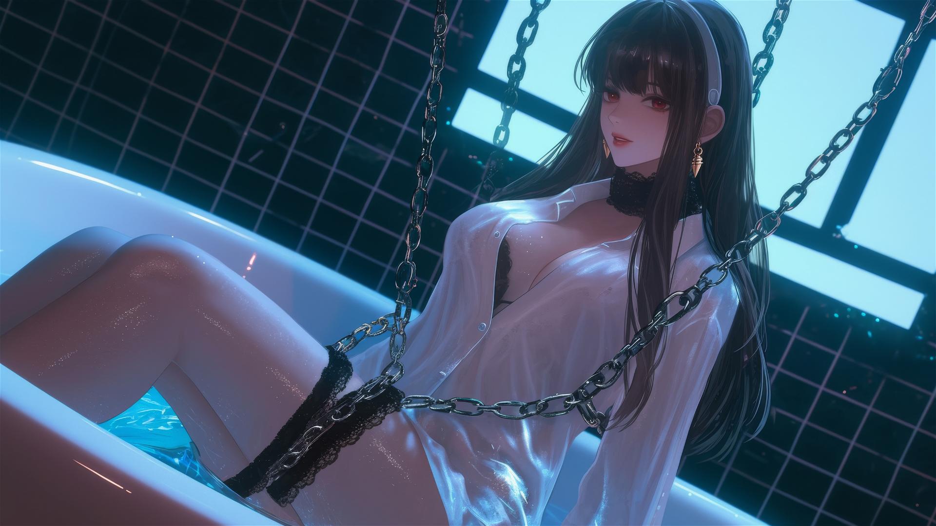 Yor Forger from Spy x Family chained, wearing white office shirt, neon-lit.