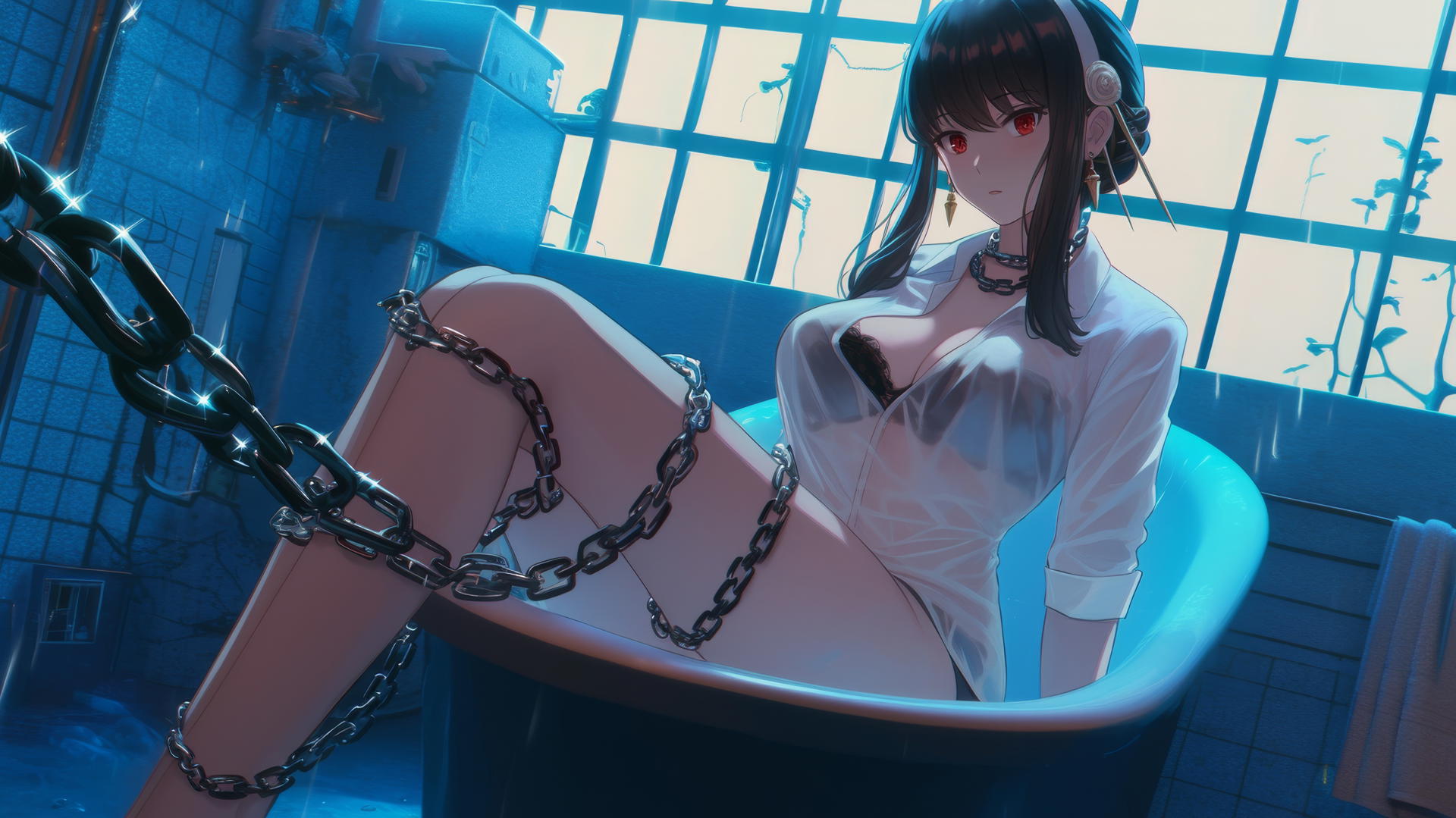Yor Forger from Spy x Family chained in a tub with neon light.