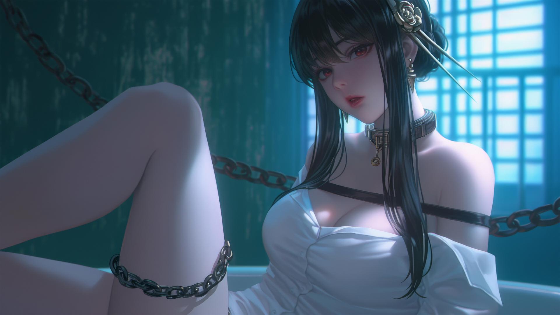 Yor Forger from Spy x Family chained in a tub with neon light