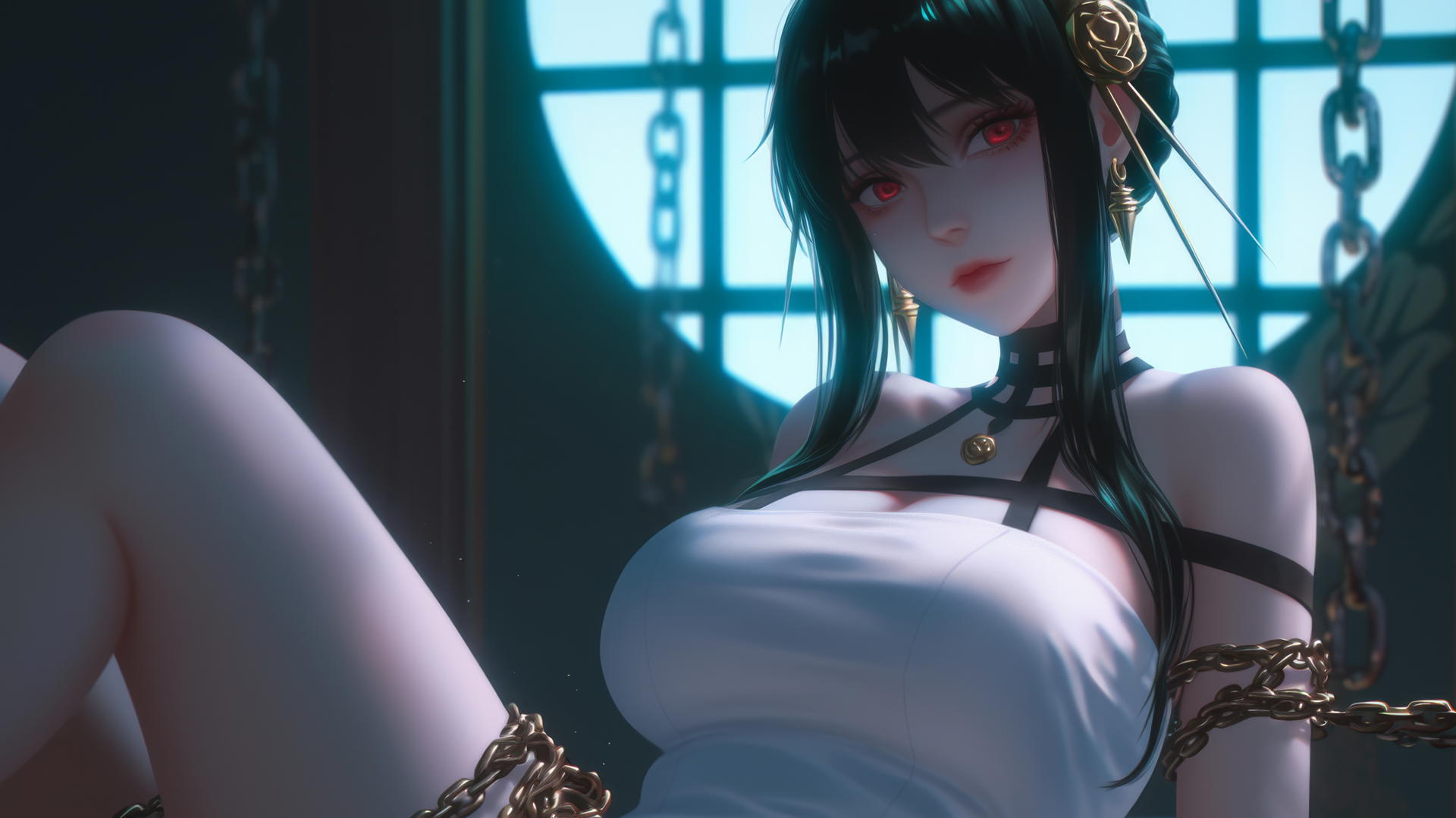 Yor Forger chained by thick iron chains in her apartment, under neon light.